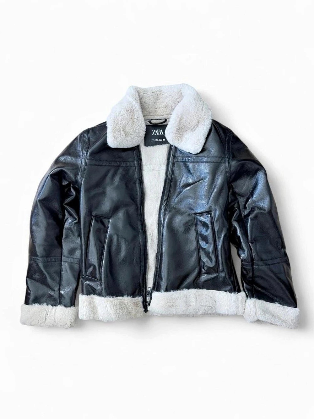 ZARA Faux Shearling Black Jacket Trim Jacket in Black & White